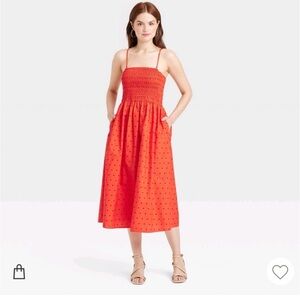 Red and black polka dot smocked dress